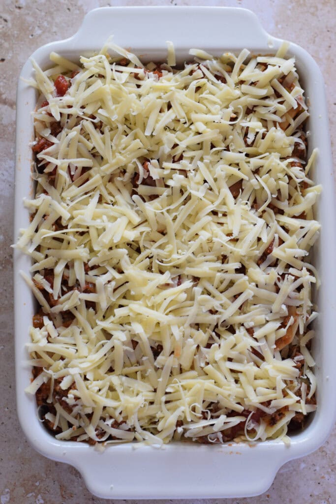 Ready to bake ground beef and potato casserole.
