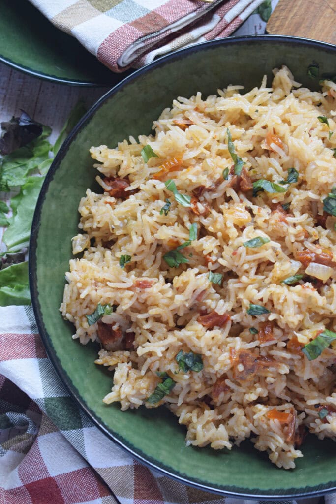 Close up of sun dried tomato pilaf.