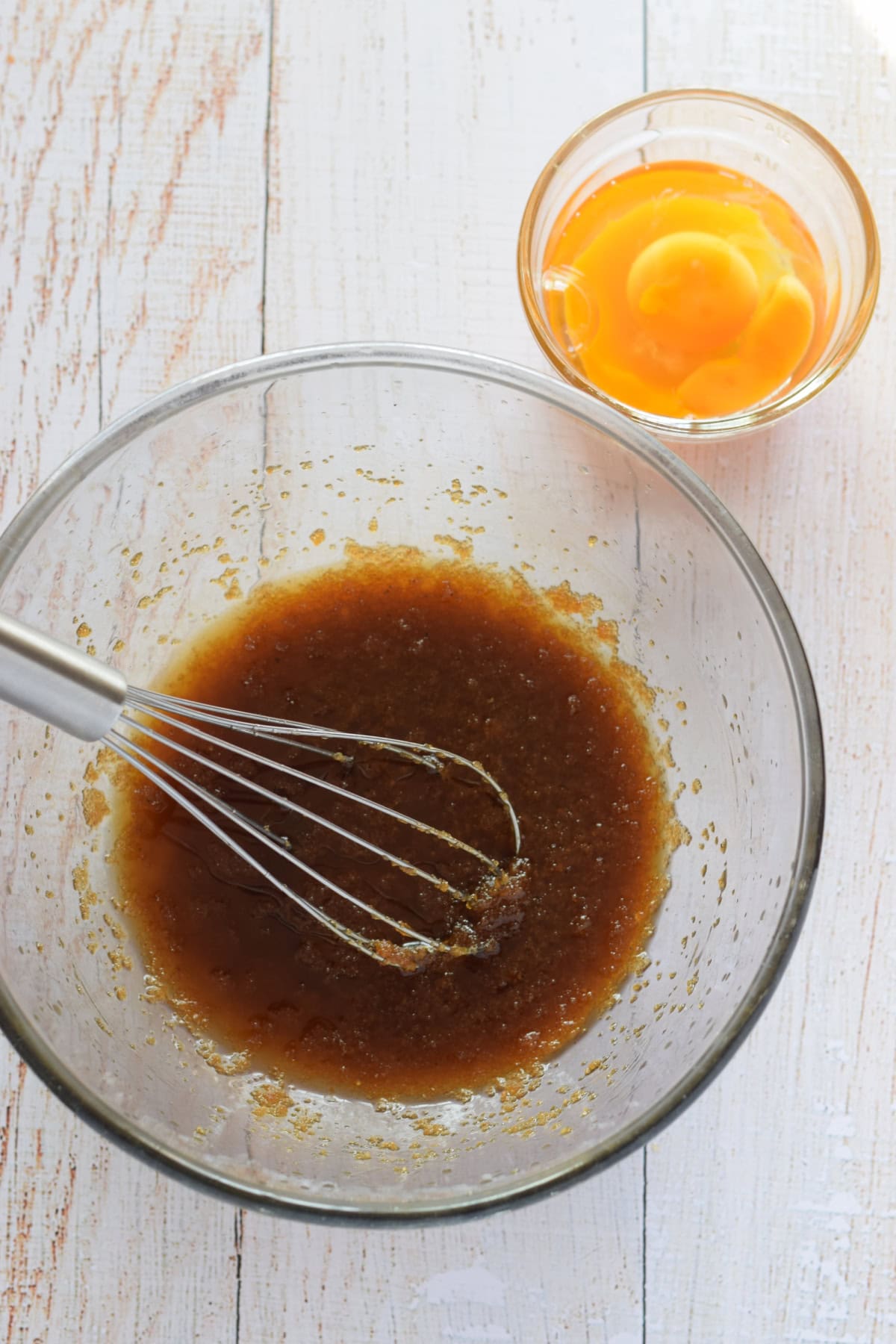 Making blondie batter in a glass bowl.