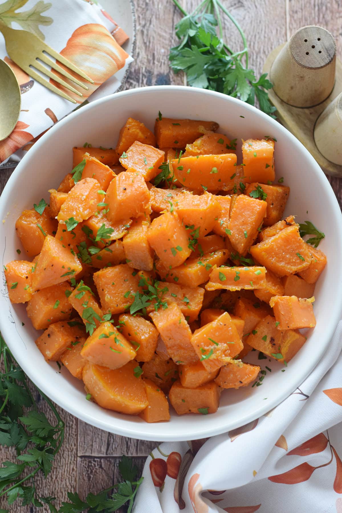 Roasted sweet potatoes in a bowl.