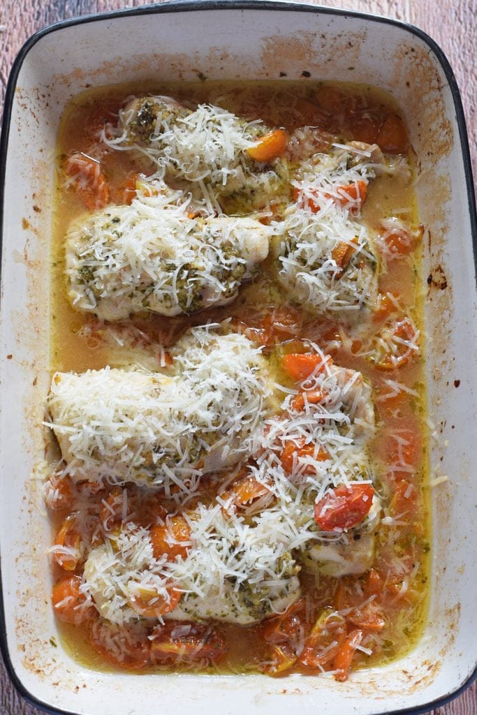 Topped chicken with parmesan cheese.