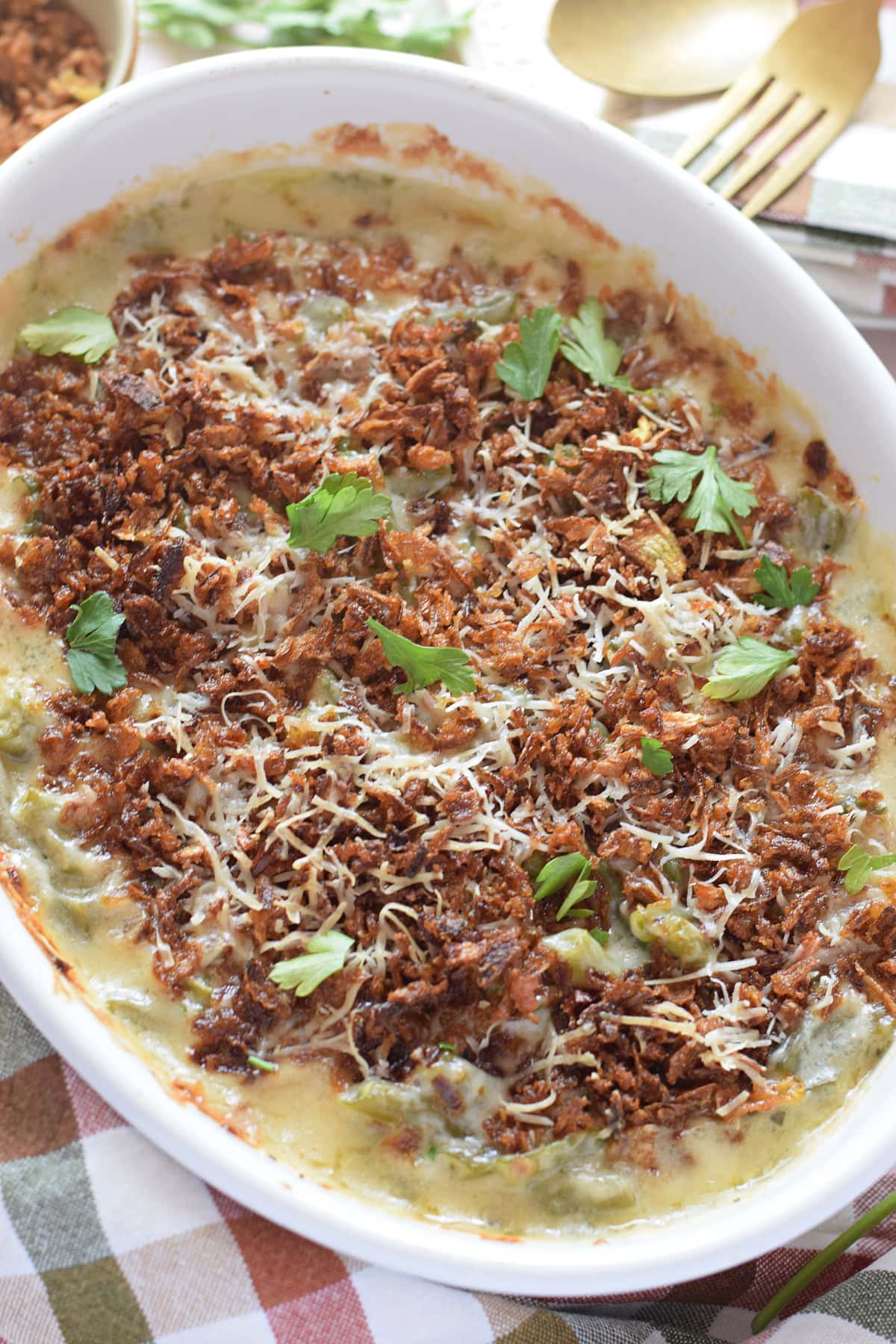 Baked Green Bean Casserole in a white casserole dish.