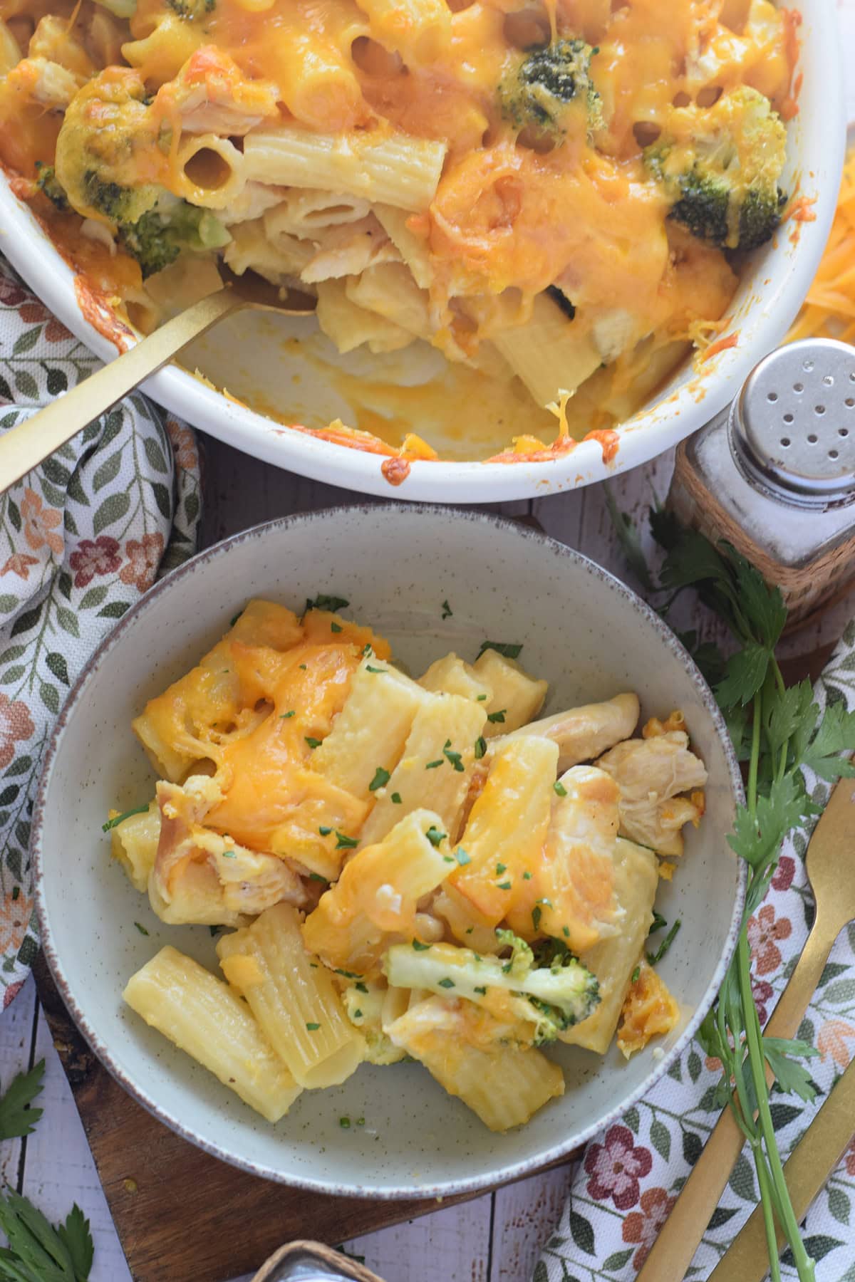 Chicken pasta dish with cheddar cheese and broccoli