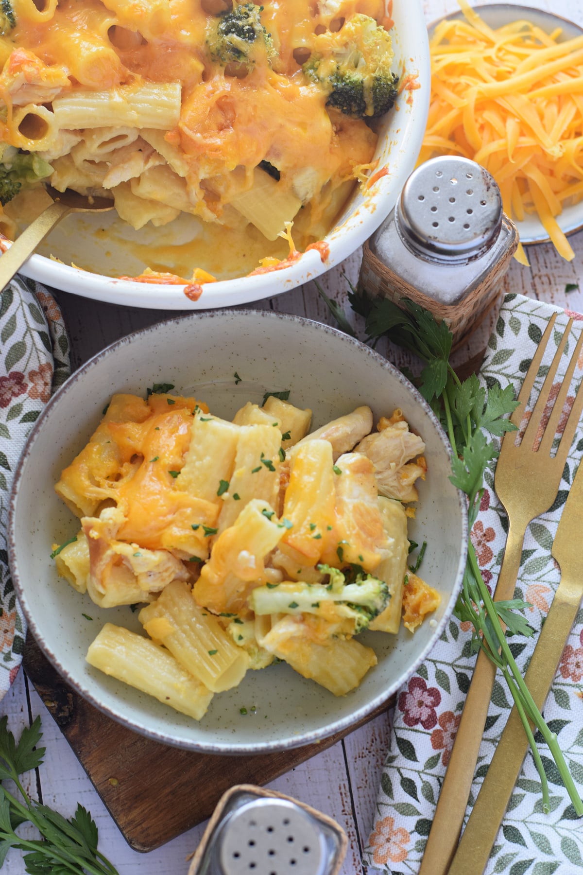 Chicken pasta dish in a serving bowl.