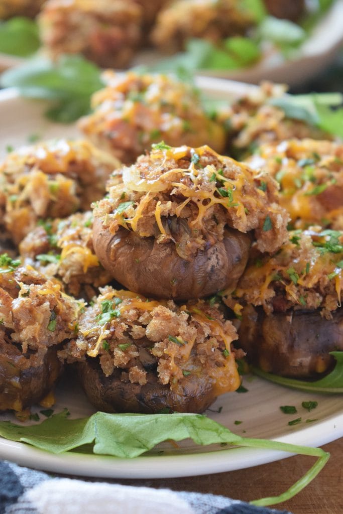 Close up of bacon and cheddar stuffed mushrooms.