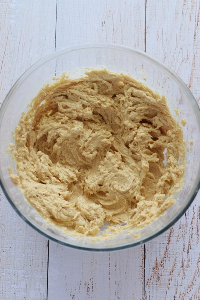 Cookie dough in a glass bowl.