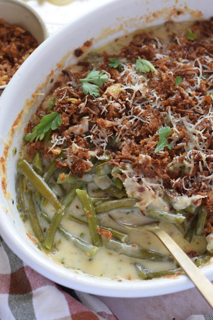 Green bean casserole in a white dish.