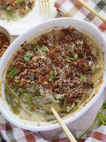 Green bean casserole in a baking dish.