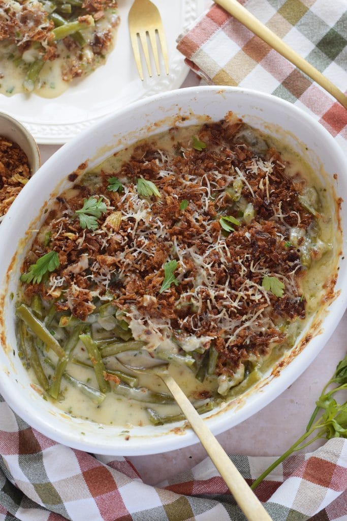 Green bean casserole in a baking dish.