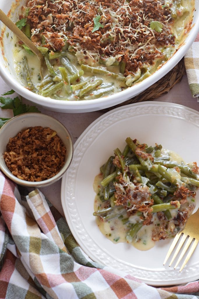 Green bean casserole in a white dish.