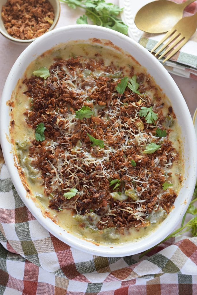 Green bean casserole  in a white dish.