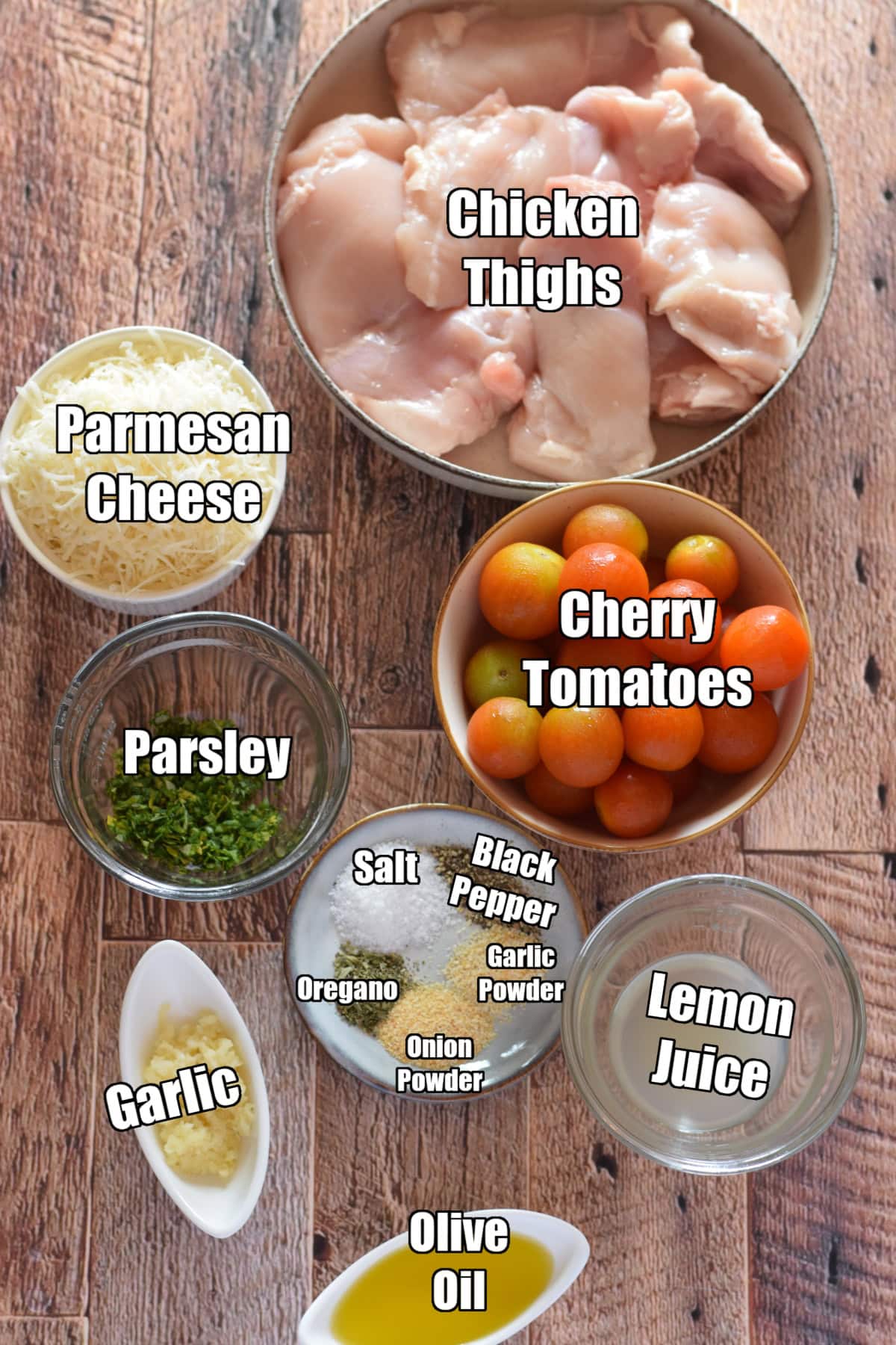 Ingredients to make baked tomato chicken thighs.