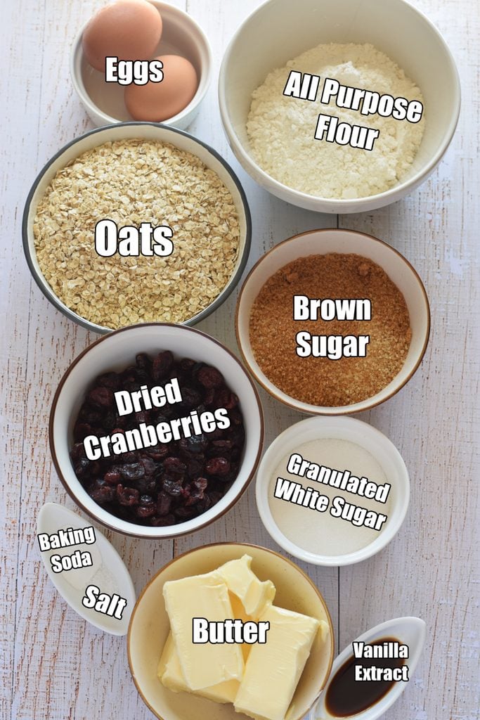 Ingredients to make oatmeal cranberry cookie bars.