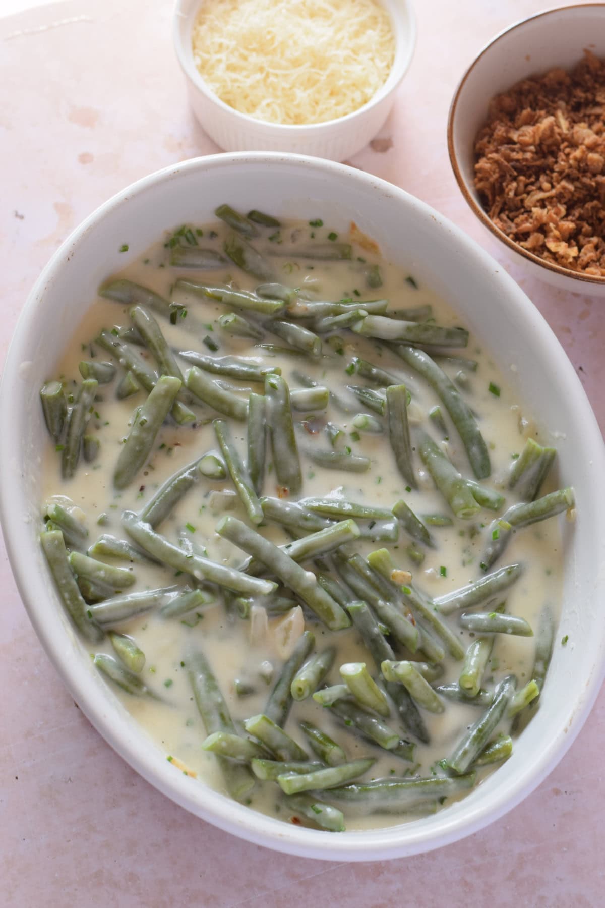 Green bean casserole ready to bake.