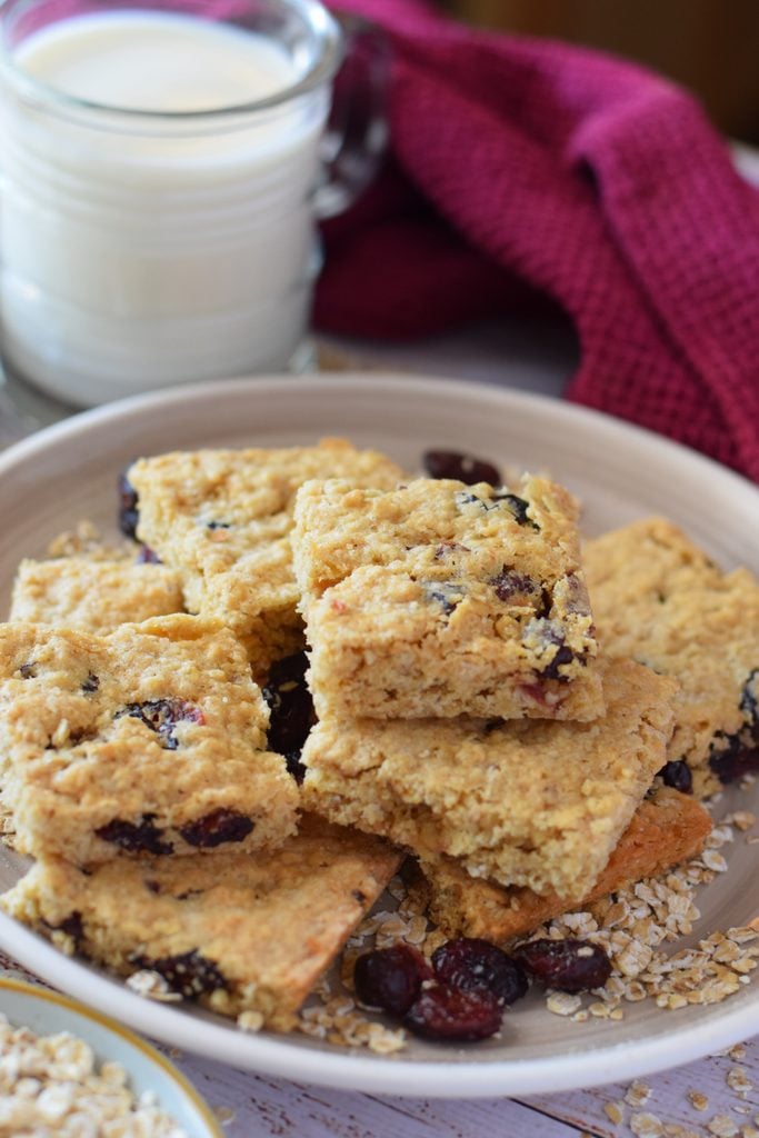 Close up of oatmeal cookie bars on a plate.