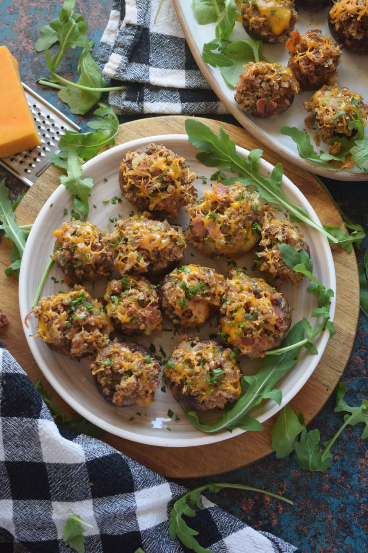 Close up of bacon and cheddar stuffed mushrooms.