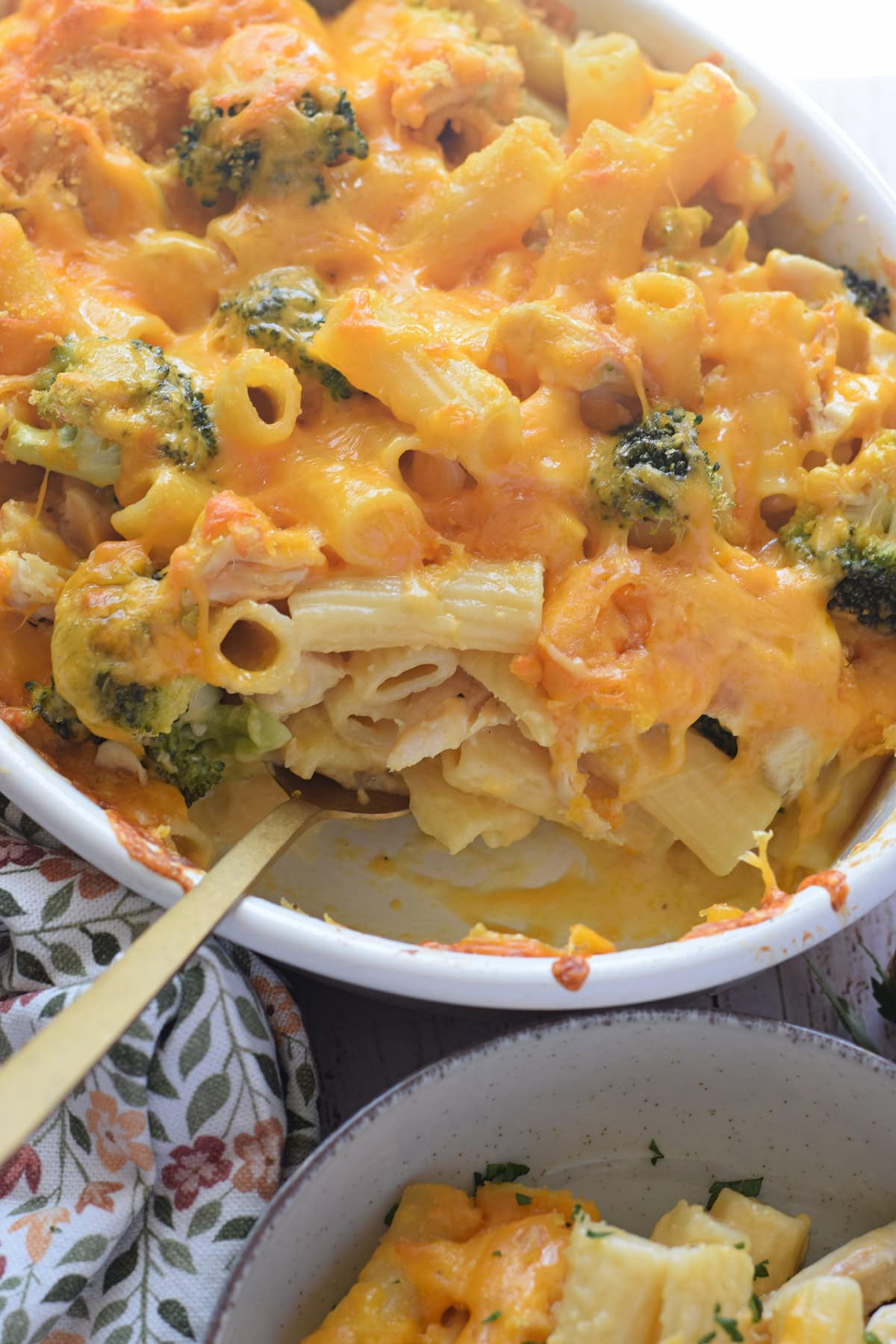 Close up of chicken and broccoli pasta dish.