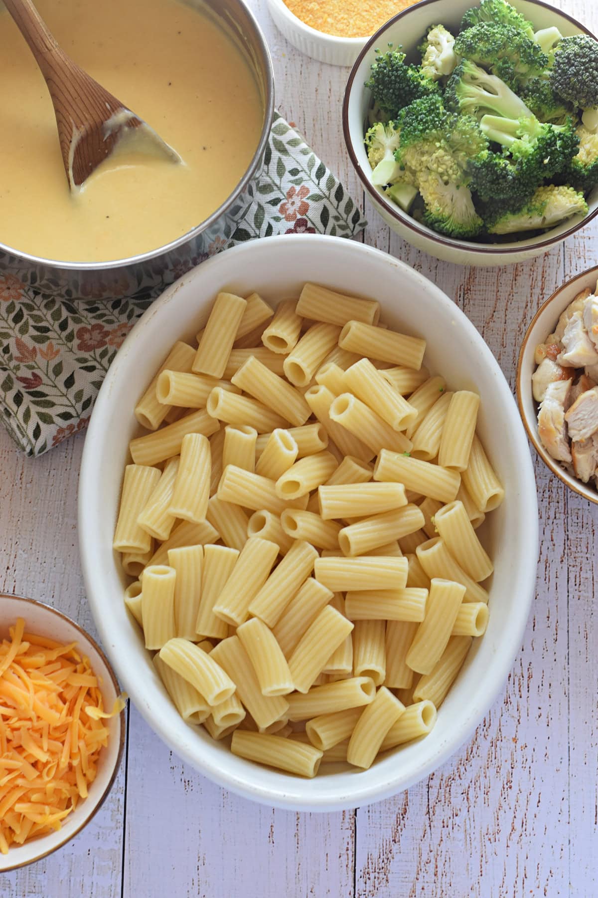 Ingredients to assemble a pasta dish.