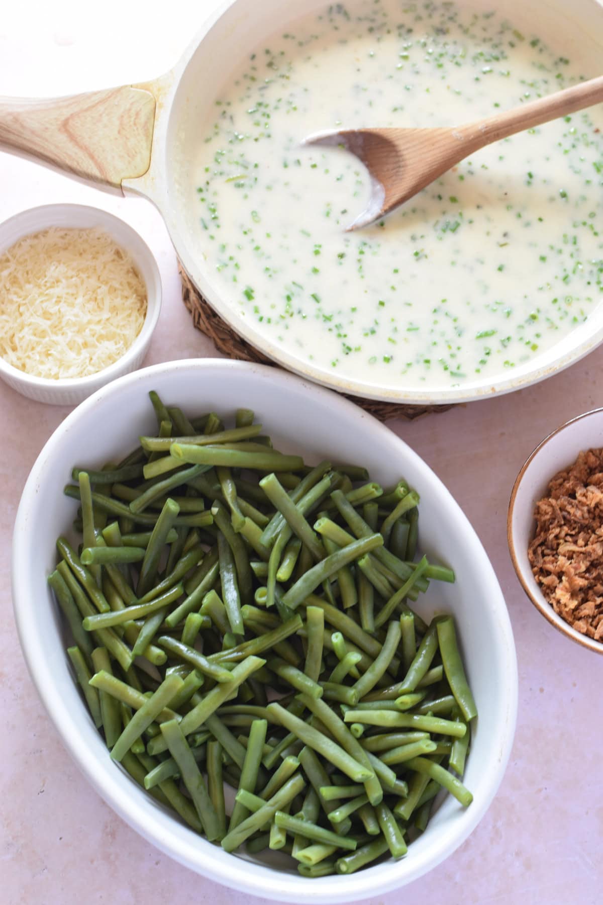 Ingredients to assemble a green bean casserole.
