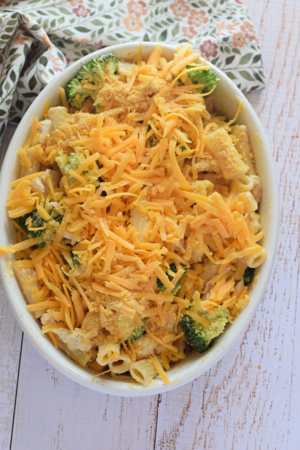 Ready to bake chicken cheese and broccoli pasta dish.