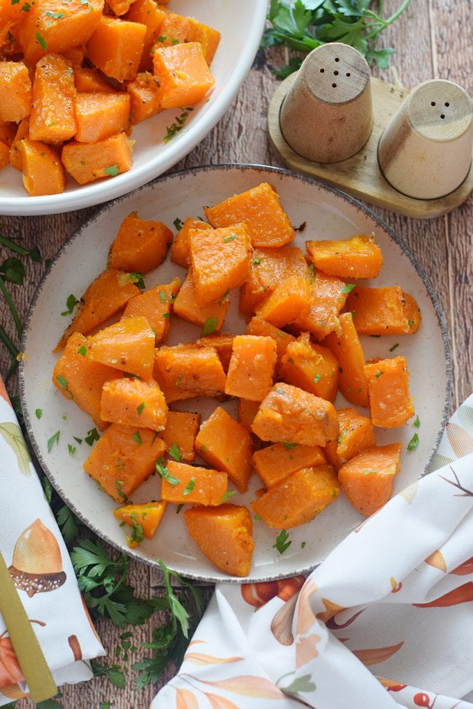 Roasted sweet potatoes on a plate.