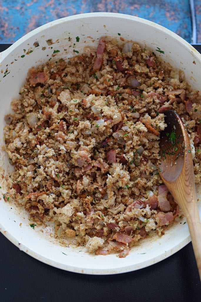 Cooked stuffing in a skillet