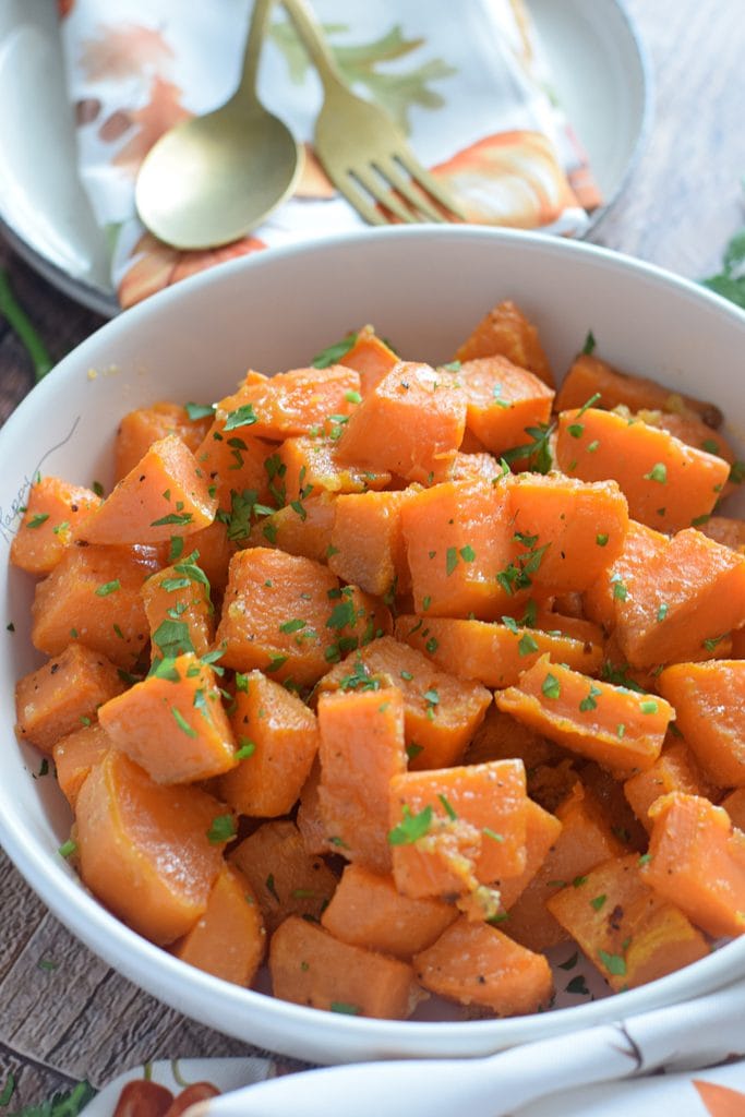 Close up of roasted sweet potatoes.