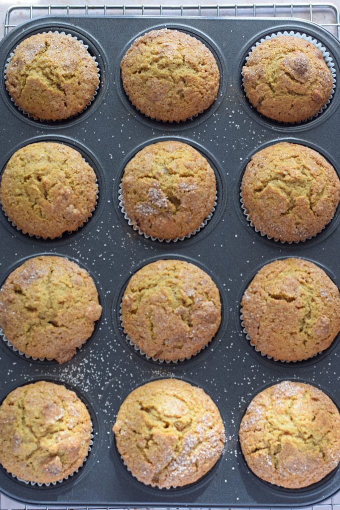Baked pumpkin muffins in a pan.