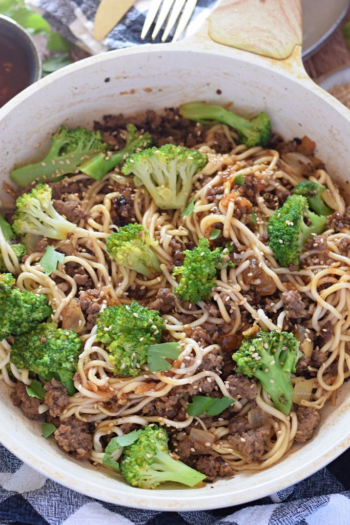 Close up of ground beef noodle stir fry.