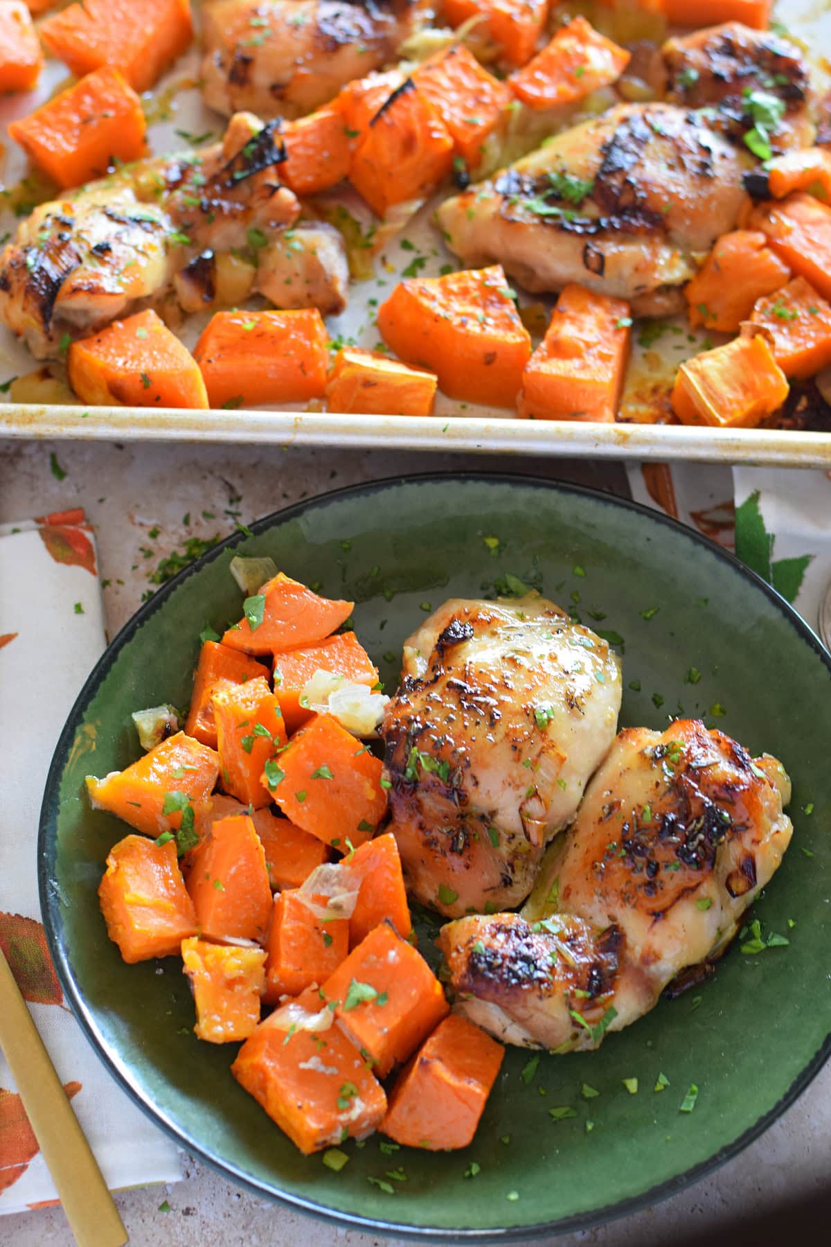 Chicken and sweet potatoes on a plate.
