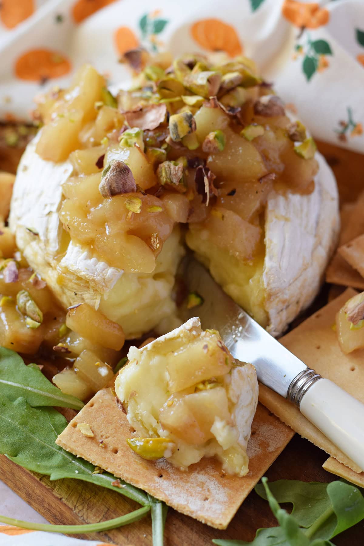 Close up of brie cheese with pears.