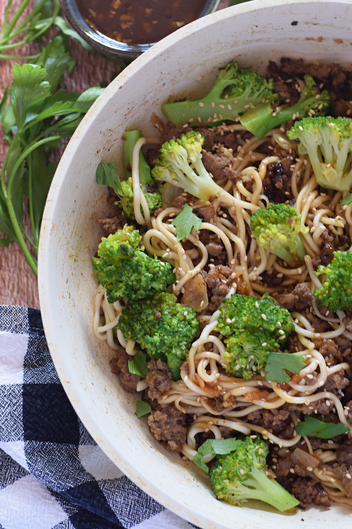 Close up of ground beef noodle stir fry.