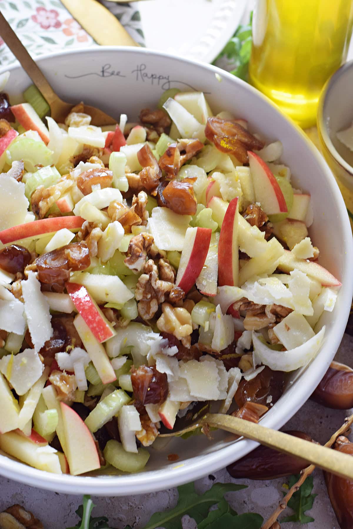 Close up of an apple celery walnut salad.