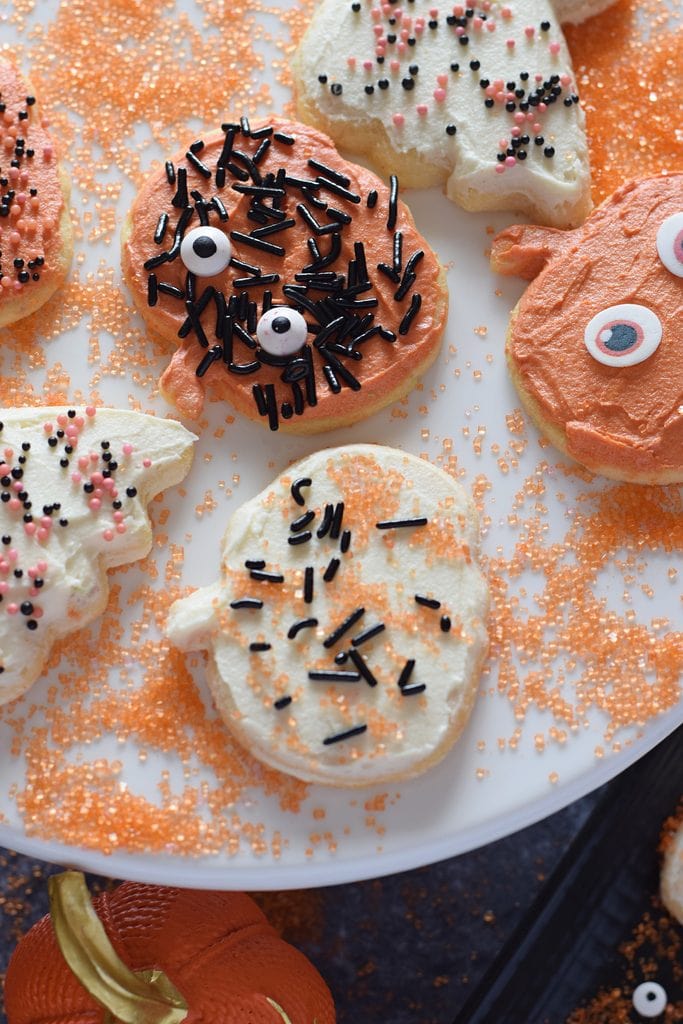 Close up frosted halloween cookies.