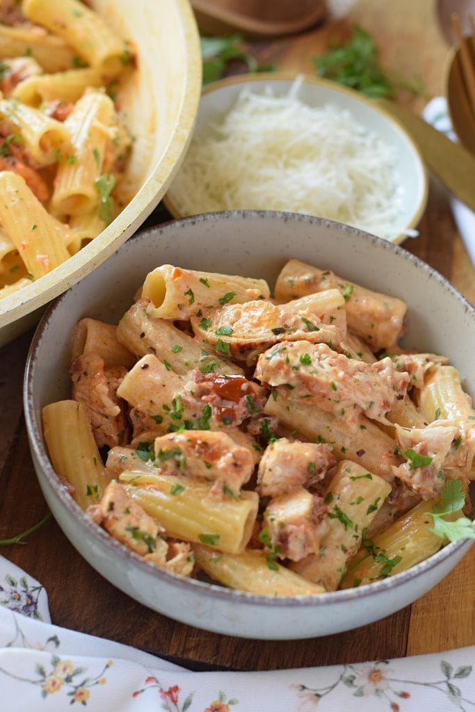 Pasta and chicken with sun dried tomatoes.