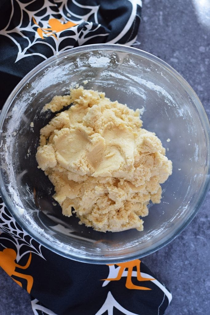 Cookie dough in a glass bowl.