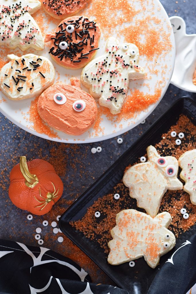Halloween cookies on a tray.