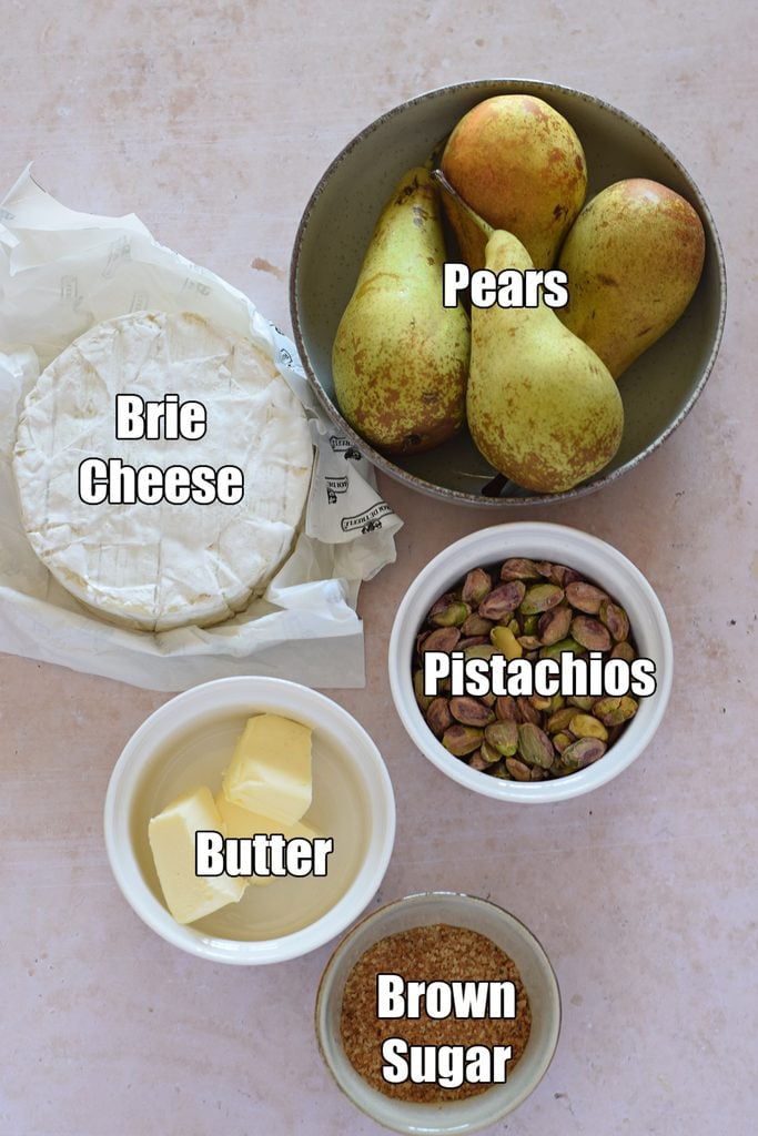 Baked brie cheese with caramelized pears.