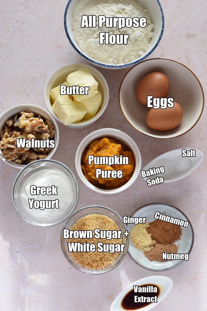 Ingredients to make pumpkin walnut muffins.