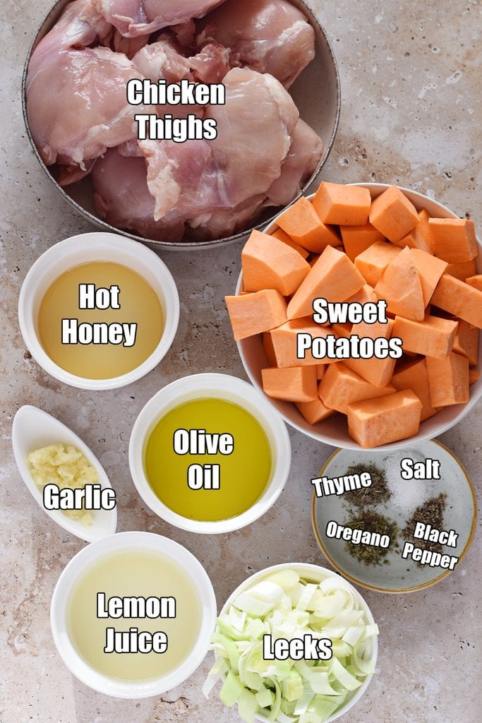 Ingredients to make chicken and sweet potatoes.
