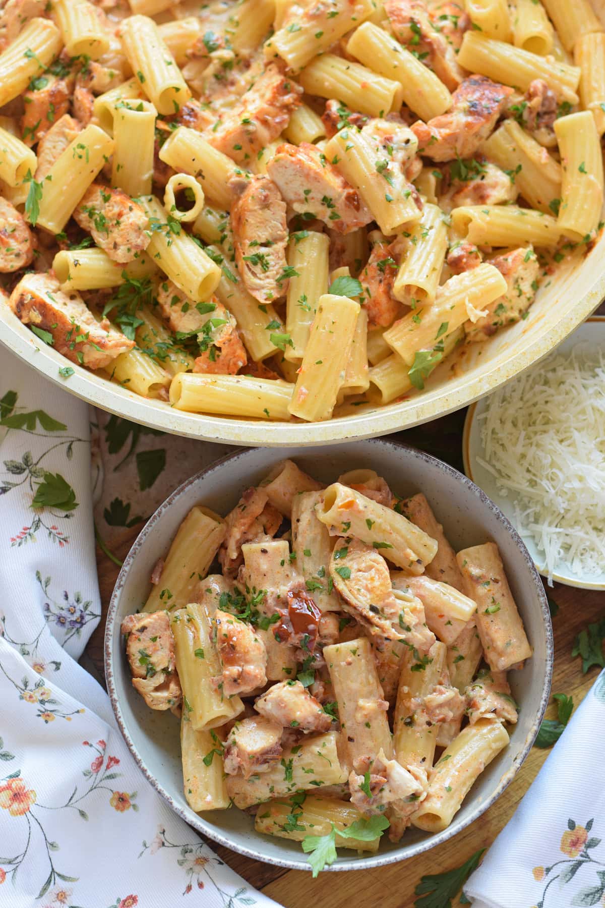 Creamy chicken and pasta with sun dried tomatoes.
