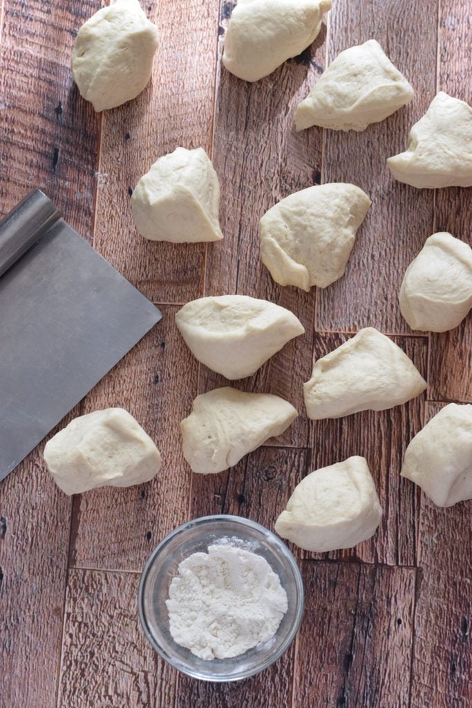 Bread dough divided into 15 equal parts.