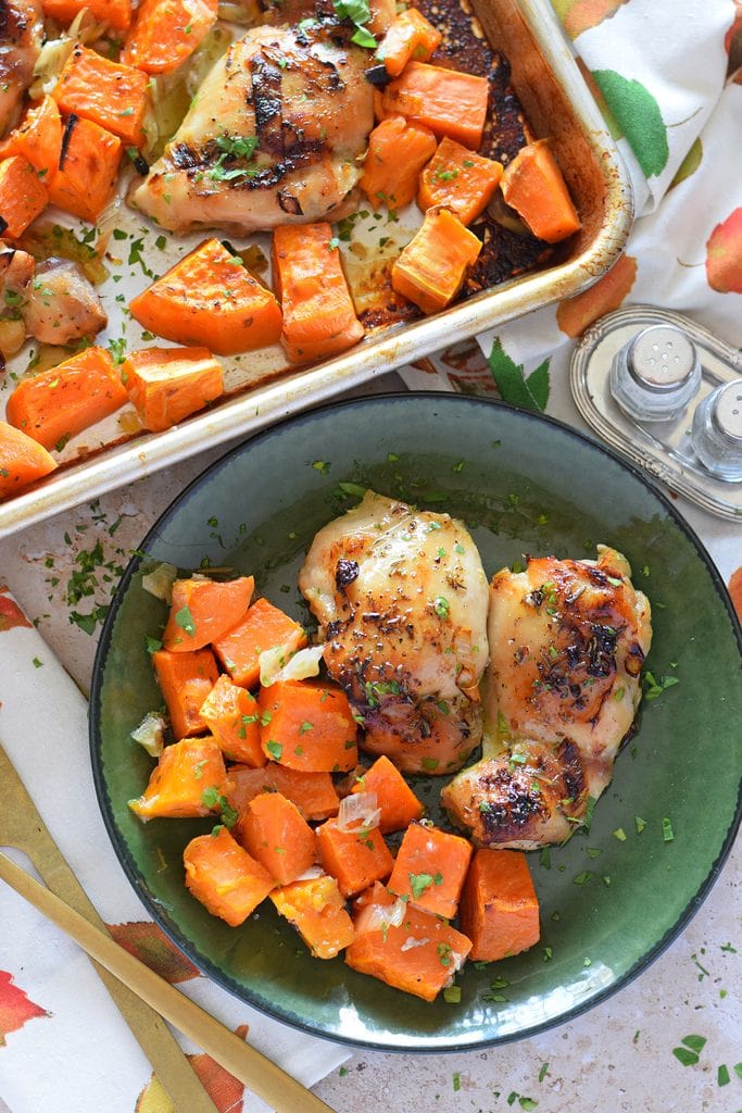 Chicken on a green plate with sweet potatoes.